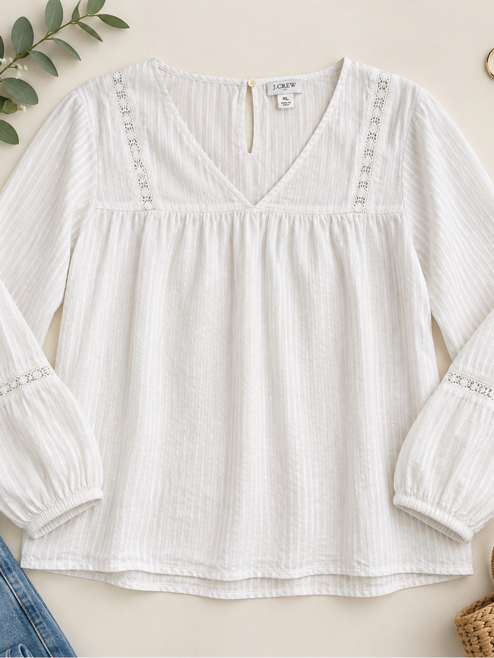 J.Crew White Cotton Textured V-Neck Blouse XL Lace Trim Boho